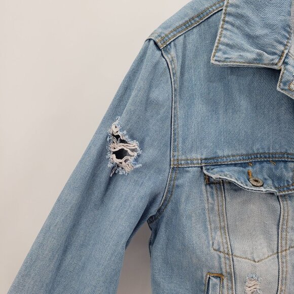 FOREVER 21 Distressed "Girl Squad" Los Angeles Denim Jacket M Light Wash Trucker - Picture 7 of 11